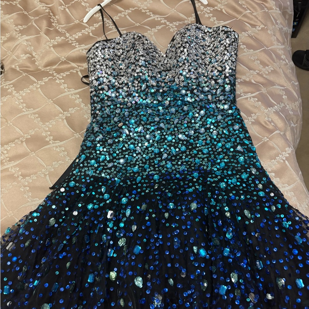 Mori Lee Silver and Blue Sequin Kids Dress